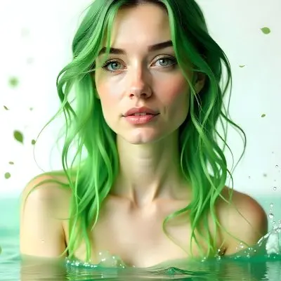 A White Woman Age 28 With Green Hair In A Water Splash With Green Leaves White Background 42 26f3