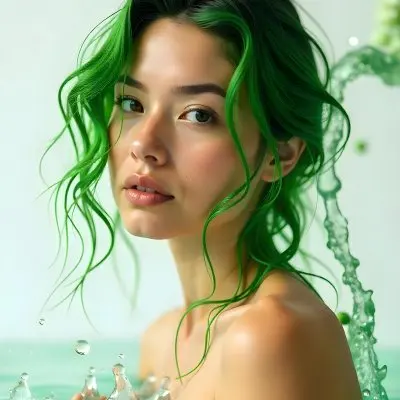 A White Woman Age 28 With Green Hair In A Water Splash With Green Leaves White Background 44 13ad