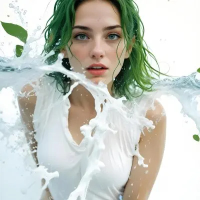 A White Woman Age 28 With Green Hair In A Water Splash With Green Leaves White Background 6 5bc5