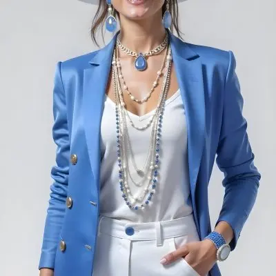 A White Woman Age 30 Blue Hair Wearing A Blue Suit White Top And Jewelry Light Background 2 Daea