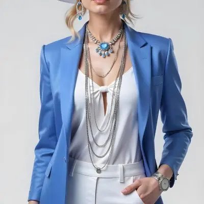 A White Woman Age 30 Blue Hair Wearing A Blue Suit White Top And Jewelry Light Background 21 196d