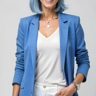 A White Woman Age 30 Blue Hair Wearing A Blue Suit White Top And Jewelry Light Background 3 D154