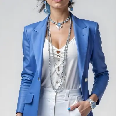 A White Woman Age 30 Blue Hair Wearing A Blue Suit White Top And Jewelry Light Background 4 403f