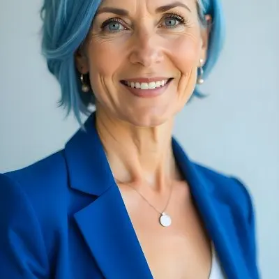 A White Woman Age 30 Blue Hair Wearing A Blue Suit White Top And Jewelry Light Background 5 1fe5