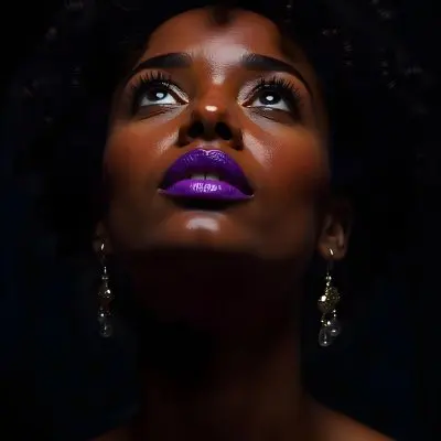 A White Woman Dark Skin 23 Years Old Curly Black Hair Purple Lipstick And Earrings Looking Up In A Black Background 1 C497