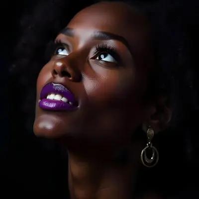 A White Woman Dark Skin 23 Years Old Curly Black Hair Purple Lipstick And Earrings Looking Up In A Black Background 12 3cf1