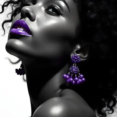 A White Woman Dark Skin 23 Years Old Curly Black Hair Purple Lipstick And Earrings Looking Up In A Black Background 13 C074