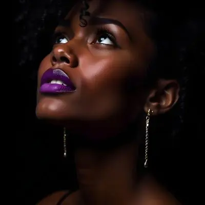 A White Woman Dark Skin 23 Years Old Curly Black Hair Purple Lipstick And Earrings Looking Up In A Black Background 17 67e9