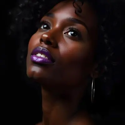A White Woman Dark Skin 23 Years Old Curly Black Hair Purple Lipstick And Earrings Looking Up In A Black Background 20 Bc71
