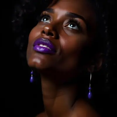 A White Woman Dark Skin 23 Years Old Curly Black Hair Purple Lipstick And Earrings Looking Up In A Black Background 21 328c