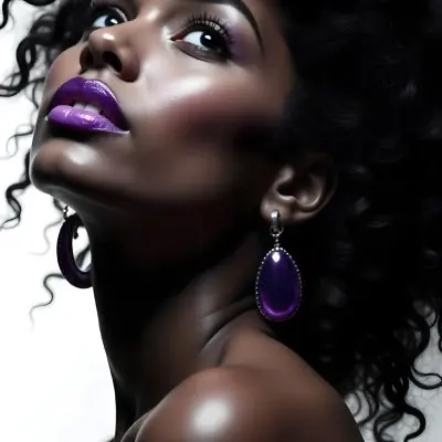 A White Woman Dark Skin 23 Years Old Curly Black Hair Purple Lipstick And Earrings Looking Up In A Black Background 4 03c4