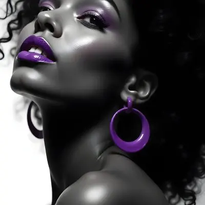 A White Woman Dark Skin 23 Years Old Curly Black Hair Purple Lipstick And Earrings Looking Up In A Black Background 5 E261
