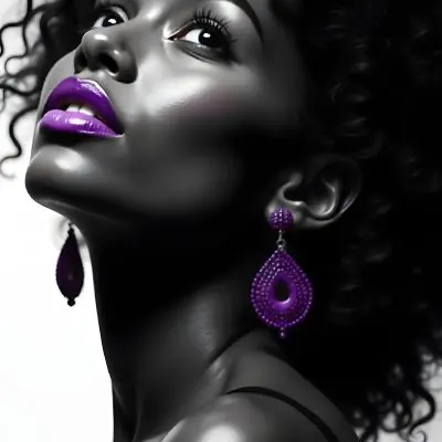 A White Woman Dark Skin 23 Years Old Curly Black Hair Purple Lipstick And Earrings Looking Up In A Black Background 6 04ba