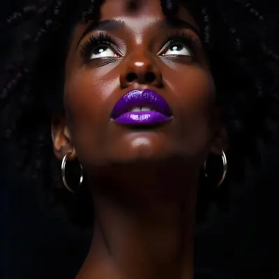A White Woman Dark Skin 23 Years Old Curly Black Hair Purple Lipstick And Earrings Looking Up In A Black Background 8 37a3