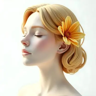 A White Woman With Golden Hair Closed Eyes White Lips 25 Years Old Golden Flower On Her Head White Background 7 Ace9