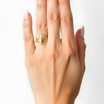 A Woman S Hand With Fair Skin And Short White Nails Wearing A Gold Ring In Front Of A White Background 9 7d81