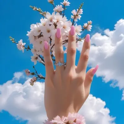 A Woman S Hand With Long Pink Acrylic Nails Reaching Up Towards A Flowering Tree Branch Against A Bright Blue Sky With Fluffy White Clouds 9 4dea
