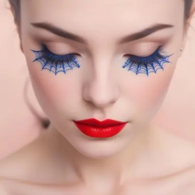 A Woman With Fair Skin And Dark Hair Approximately 25 Years Old Has Her Eyes Closed She Features Striking Blue Spiderweb Patterned Eyelashes And Bold Red Lipstick The Background Is A Soft Neutral Color That Emphasi 20 C73e