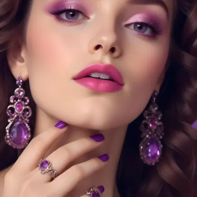 A Woman With Fair Skin And Long Wavy Brown Hair Approximately 25 Years Old She Has Bold Purple Eyeshadow And Glossy Pink Lips She Is Wearing Large Ornate Earrings With Purple Gemstones And Has Long Manicured Nail 10 E361