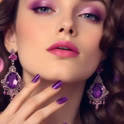 A Woman With Fair Skin And Long Wavy Brown Hair Approximately 25 Years Old She Has Bold Purple Eyeshadow And Glossy Pink Lips She Is Wearing Large Ornate Earrings With Purple Gemstones And Has Long Manicured Nail 14 0d6e