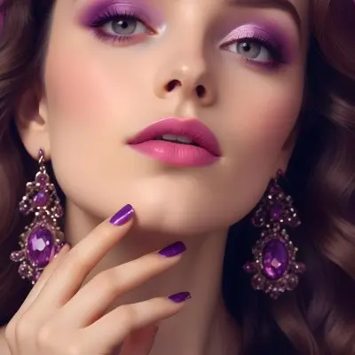 A Woman With Fair Skin And Long Wavy Brown Hair Approximately 25 Years Old She Has Bold Purple Eyeshadow And Glossy Pink Lips She Is Wearing Large Ornate Earrings With Purple Gemstones And Has Long Manicured Nail 16 58e3