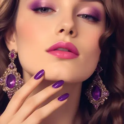 A Woman With Fair Skin And Long Wavy Brown Hair Approximately 25 Years Old She Has Bold Purple Eyeshadow And Glossy Pink Lips She Is Wearing Large Ornate Earrings With Purple Gemstones And Has Long Manicured Nail 19 9af1