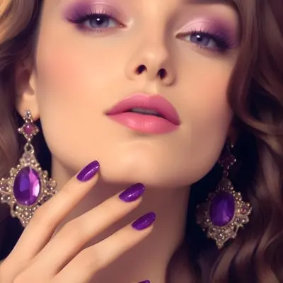 A Woman With Fair Skin And Long Wavy Brown Hair Approximately 25 Years Old She Has Bold Purple Eyeshadow And Glossy Pink Lips She Is Wearing Large Ornate Earrings With Purple Gemstones And Has Long Manicured Nail 20 562b