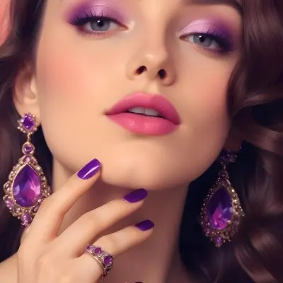 A Woman With Fair Skin And Long Wavy Brown Hair Approximately 25 Years Old She Has Bold Purple Eyeshadow And Glossy Pink Lips She Is Wearing Large Ornate Earrings With Purple Gemstones And Has Long Manicured Nail 23 6d39