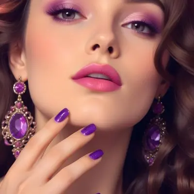 A Woman With Fair Skin And Long Wavy Brown Hair Approximately 25 Years Old She Has Bold Purple Eyeshadow And Glossy Pink Lips She Is Wearing Large Ornate Earrings With Purple Gemstones And Has Long Manicured Nail 24 B68a