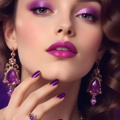 A Woman With Fair Skin And Long Wavy Brown Hair Approximately 25 Years Old She Has Bold Purple Eyeshadow And Glossy Pink Lips She Is Wearing Large Ornate Earrings With Purple Gemstones And Has Long Manicured Nail 28 F8b9