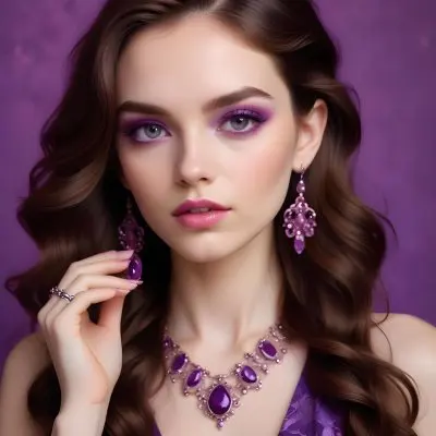 A Woman With Fair Skin And Long Wavy Brown Hair Approximately 25 Years Old She Has Bold Purple Eyeshadow And Glossy Pink Lips She Is Wearing Large Ornate Earrings With Purple Gemstones And Has Long Manicured Nail 3 49fa