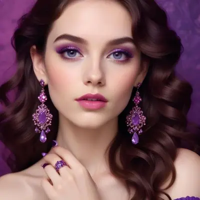 A Woman With Fair Skin And Long Wavy Brown Hair Approximately 25 Years Old She Has Bold Purple Eyeshadow And Glossy Pink Lips She Is Wearing Large Ornate Earrings With Purple Gemstones And Has Long Manicured Nail 30 6822