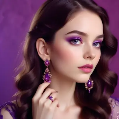 A Woman With Fair Skin And Long Wavy Brown Hair Approximately 25 Years Old She Has Bold Purple Eyeshadow And Glossy Pink Lips She Is Wearing Large Ornate Earrings With Purple Gemstones And Has Long Manicured Nail 31 1467