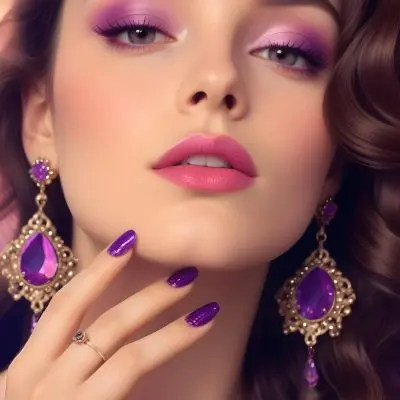 A Woman With Fair Skin And Long Wavy Brown Hair Approximately 25 Years Old She Has Bold Purple Eyeshadow And Glossy Pink Lips She Is Wearing Large Ornate Earrings With Purple Gemstones And Has Long Manicured Nail 36 933a