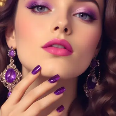 A Woman With Fair Skin And Long Wavy Brown Hair Approximately 25 Years Old She Has Bold Purple Eyeshadow And Glossy Pink Lips She Is Wearing Large Ornate Earrings With Purple Gemstones And Has Long Manicured Nail 37 83d1