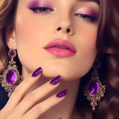 A Woman With Fair Skin And Long Wavy Brown Hair Approximately 25 Years Old She Has Bold Purple Eyeshadow And Glossy Pink Lips She Is Wearing Large Ornate Earrings With Purple Gemstones And Has Long Manicured Nail 40 E19e