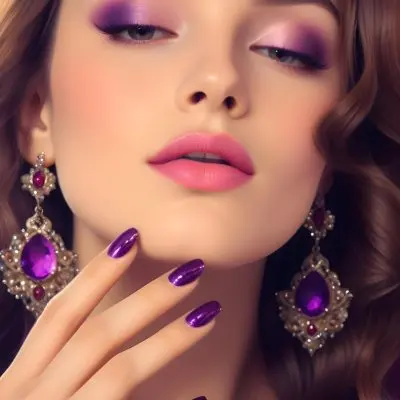 A Woman With Fair Skin And Long Wavy Brown Hair Approximately 25 Years Old She Has Bold Purple Eyeshadow And Glossy Pink Lips She Is Wearing Large Ornate Earrings With Purple Gemstones And Has Long Manicured Nail 41 0bef