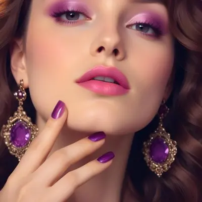 A Woman With Fair Skin And Long Wavy Brown Hair Approximately 25 Years Old She Has Bold Purple Eyeshadow And Glossy Pink Lips She Is Wearing Large Ornate Earrings With Purple Gemstones And Has Long Manicured Nail 6 F6b7