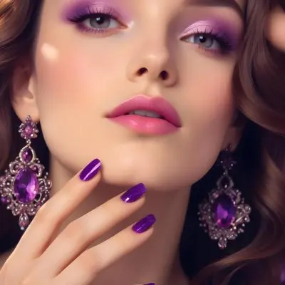 A Woman With Fair Skin And Long Wavy Brown Hair Approximately 25 Years Old She Has Bold Purple Eyeshadow And Glossy Pink Lips She Is Wearing Large Ornate Earrings With Purple Gemstones And Has Long Manicured Nail 7 63f7