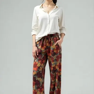 A Woman With Fair Skin Wearing Patterned Pants And A White Long Sleeved Shirt With Her Hand In Her Pocket In A Studio 23 1459