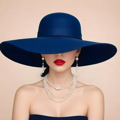 A Woman With Light Skin And Dark Hair Wearing A Large Blue Hat That Obscures Her Eyes She Has Bright Red Lipstick And Is Adorned With A Pearl Necklace The Background Is A Soft Neutral Color 12 Df69