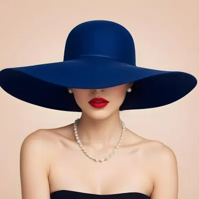 A Woman With Light Skin And Dark Hair Wearing A Large Blue Hat That Obscures Her Eyes She Has Bright Red Lipstick And Is Adorned With A Pearl Necklace The Background Is A Soft Neutral Color 22 E130