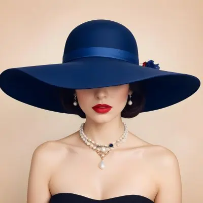A Woman With Light Skin And Dark Hair Wearing A Large Blue Hat That Obscures Her Eyes She Has Bright Red Lipstick And Is Adorned With A Pearl Necklace The Background Is A Soft Neutral Color 29 511e