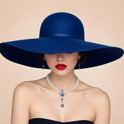 A Woman With Light Skin And Dark Hair Wearing A Large Blue Hat That Obscures Her Eyes She Has Bright Red Lipstick And Is Adorned With A Pearl Necklace The Background Is A Soft Neutral Color 39 Ed0a