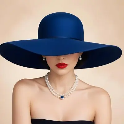 A Woman With Light Skin And Dark Hair Wearing A Large Blue Hat That Obscures Her Eyes She Has Bright Red Lipstick And Is Adorned With A Pearl Necklace The Background Is A Soft Neutral Color 46 E2ec
