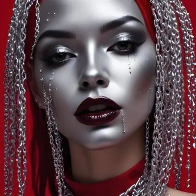 A Woman With Silver Skin And Black Lips With A Cascade Of Silver Chains And Crystal Drops Covering Her Face In A Red Background 10 2732