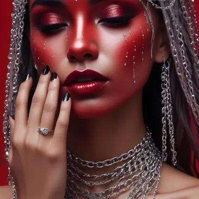 A Woman With Silver Skin And Black Lips With A Cascade Of Silver Chains And Crystal Drops Covering Her Face In A Red Background 14 Dea6