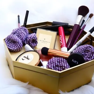 A Wooden Box Filled With Various Makeup Products Including Lipsticks Nail Polish And Makeup Brushes 10 C2c8