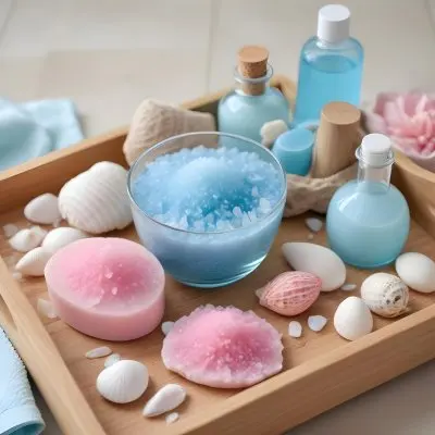 A Wooden Tray With Spa Items Including Blue Bath Salts In A Glass Bowl White And Pink Soaps A Small White Bottle And Decorative Shells There Are Also Two Rolled Towels In Light Blue And Pink The Background Is White 28 Aa09