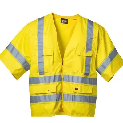 A Yellow Dickies Safety Vest With Reflective Stripes On A White Background 17 5307